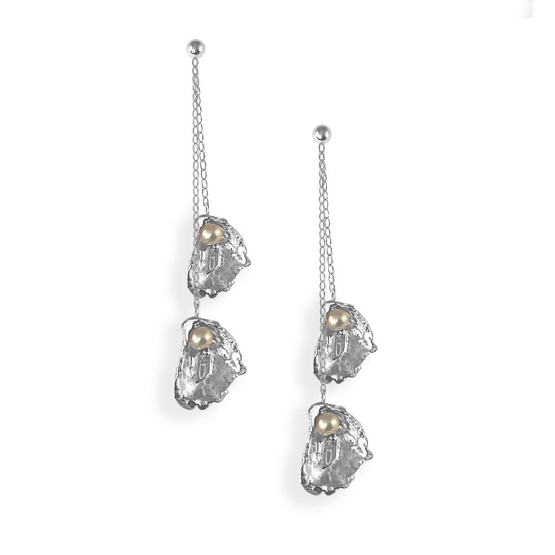 Small Eastern Oyster Double Drop Chain Earring with Pearl