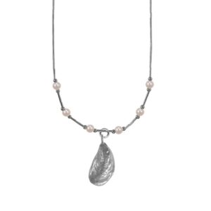 Atlantic Oyster on Liquid Silver Pearl Necklace Close-up